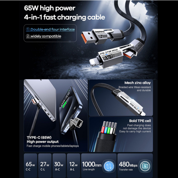 Data kabl REMAX RC-C189 65W Zinc Alloy Braided 4-in-1 Fast Charging, 1m - 219657