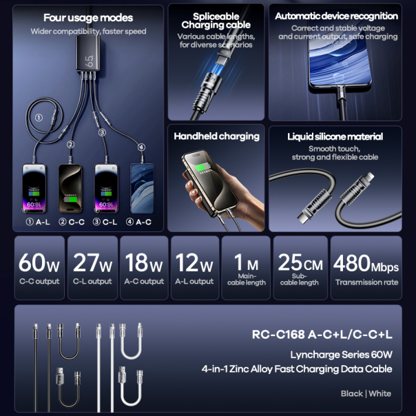 Data kabl REMAX RCC-168 Lyncharge Series 60w 4-in-1 Zinc Alloy beli - 214339