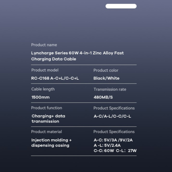 Data kabl REMAX RCC-168 Lyncharge Series 60w 4-in-1 Zinc Alloy  crni - 214338-1