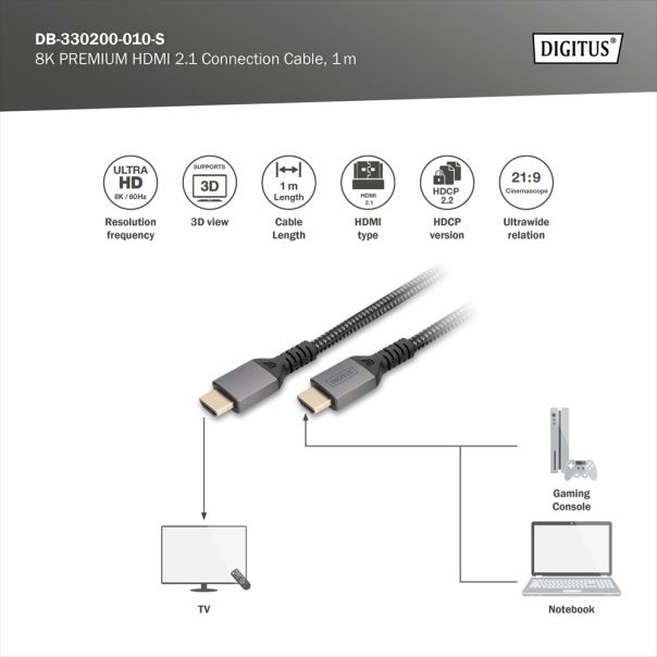 DIGITUS Kabl premijum HDMI na HDMI 2.1 8K 1m, crna - DB-330200-010-S