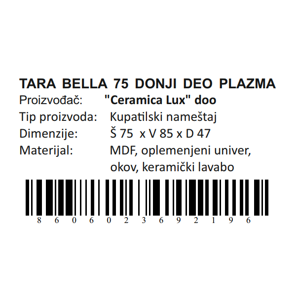 CERAMICA LUX Tara Bella donji deo 75 plazma - 300273