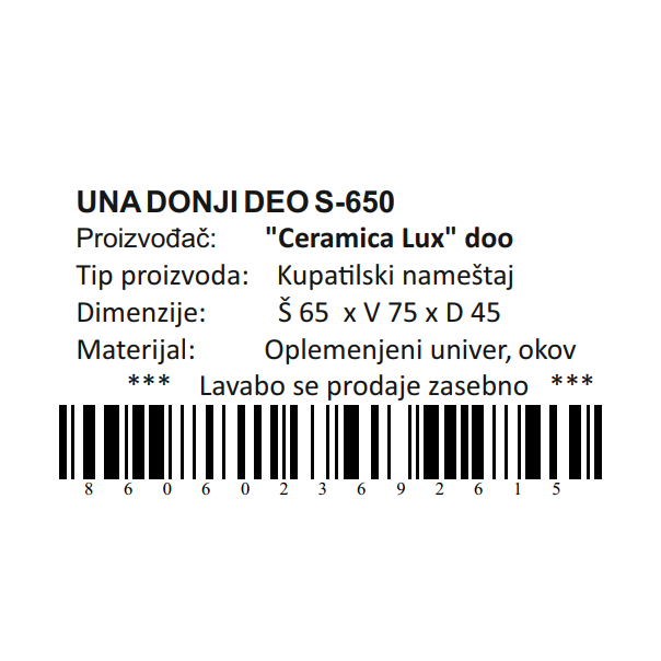 CERAMICA LUX Una donji deo S-650 - 300259