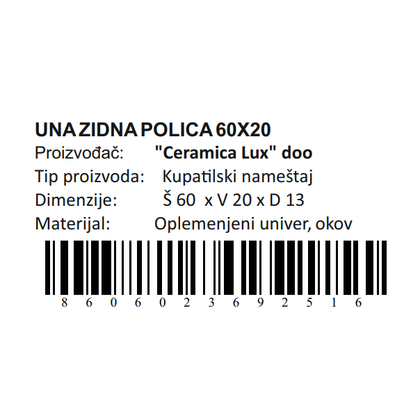 CERAMICA LUX Una zidna polica 60x20 - 300268