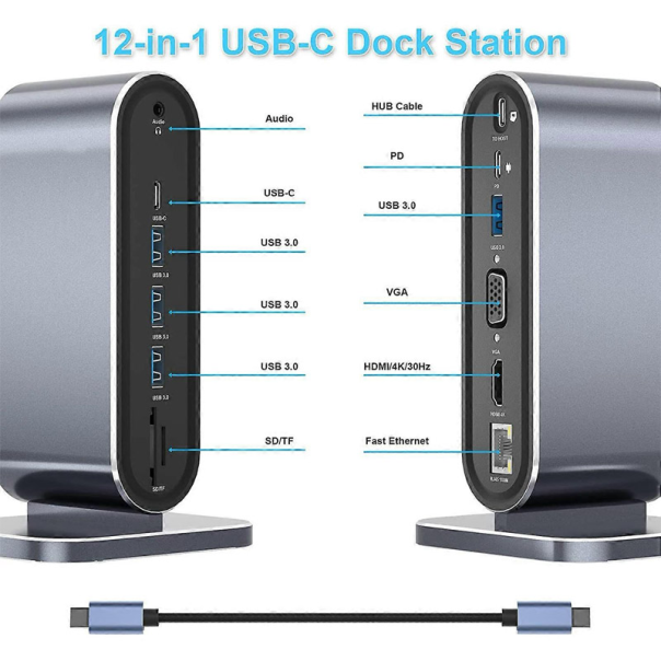 Docking station / HUB Type-C na LAN Gb, SD card, TF, PD, Type-C, 4xUSB 3.0, Audio, HDMI i VGA 12 u 1 sa postoljem - 615983