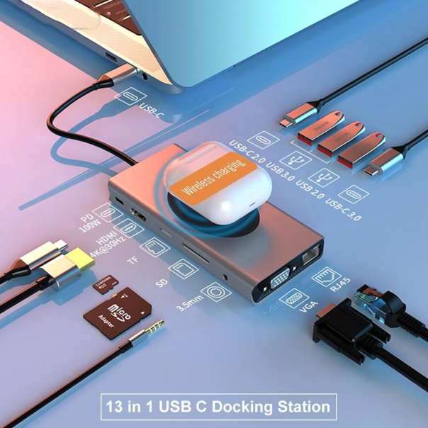 Docking station / HUB  Type-C na LAN Gb, Wireless PC, SD card, TF, Type-C, 3xUSB 3.0, 2xUSB 2.0, Audio, HDMI i VGA 13 u 1 20cm kabl - 615984