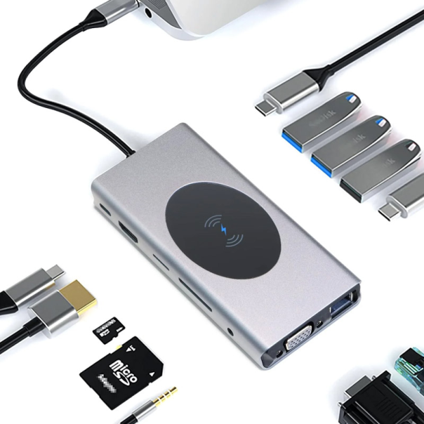 Docking station / HUB  Type-C na LAN Gb, Wireless PC, SD card, TF, Type-C, 3xUSB 3.0, 2xUSB 2.0, Audio, HDMI i VGA 13 u 1 20cm kabl - 615984