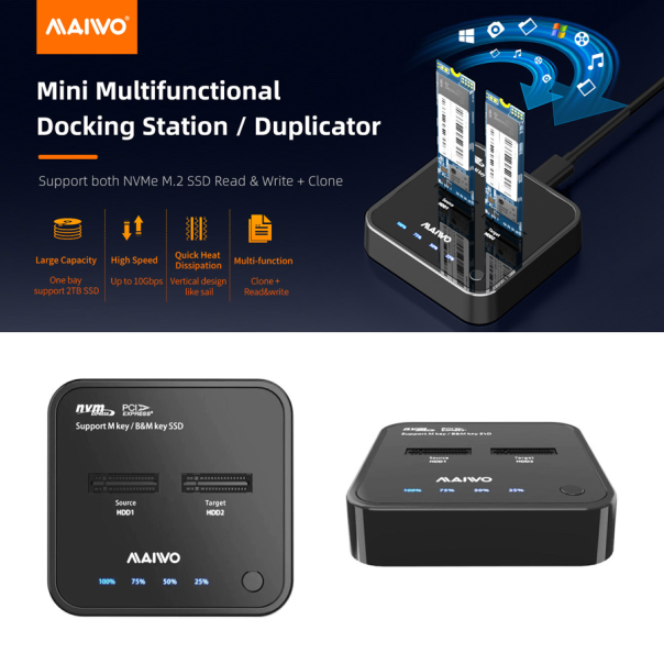 Docking station MAIWO K3016P2, Type C 3.2 na 2x M.2 NVMe clone crni - 213523
