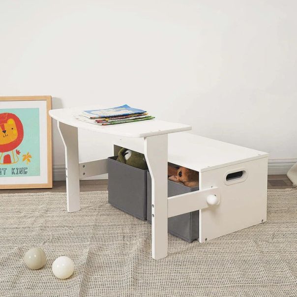 KINDER HOME Dečija drvena klupa, radni sto i organizator belo-siva - TF6615