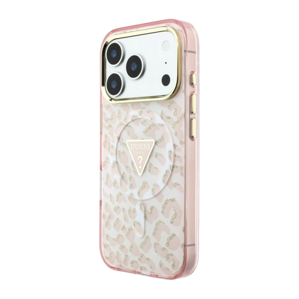 Maska za iPhone 17 Pro/ 18 Pro Guess IML Leopard Glitter Triangle MagSafe pink - EP3236145