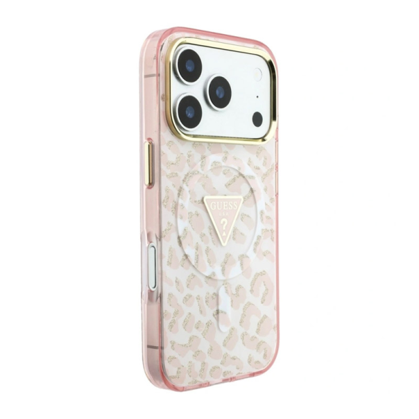 Maska za iPhone 17 Pro/ 18 Pro Guess IML Leopard Glitter Triangle MagSafe pink - EP3236145