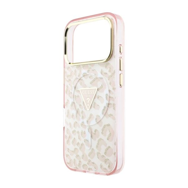 Maska za iPhone 17 Pro/ 18 Pro Guess IML Leopard Glitter Triangle MagSafe pink - EP3236145