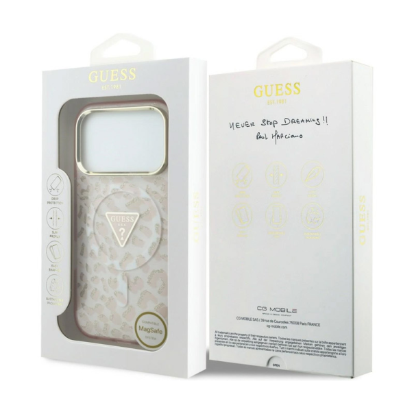 Maska za iPhone 17 Pro/ 18 Pro Guess IML Leopard Glitter Triangle MagSafe pink - EP3236145