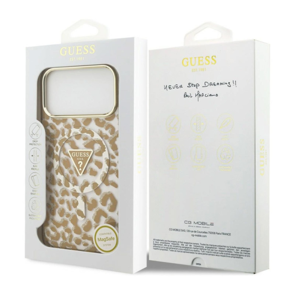 Maska za iPhone 17 Pro Max/ 18 Pro Max braon Guess IML Leopard Glitter Triangle MagSafe - EP3236193