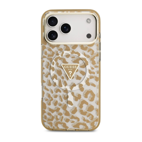 Maska za iPhone 17 Pro/ 18 Pro braon Guess IML Leopard Glitter Triangle MagSafe - EP3236148