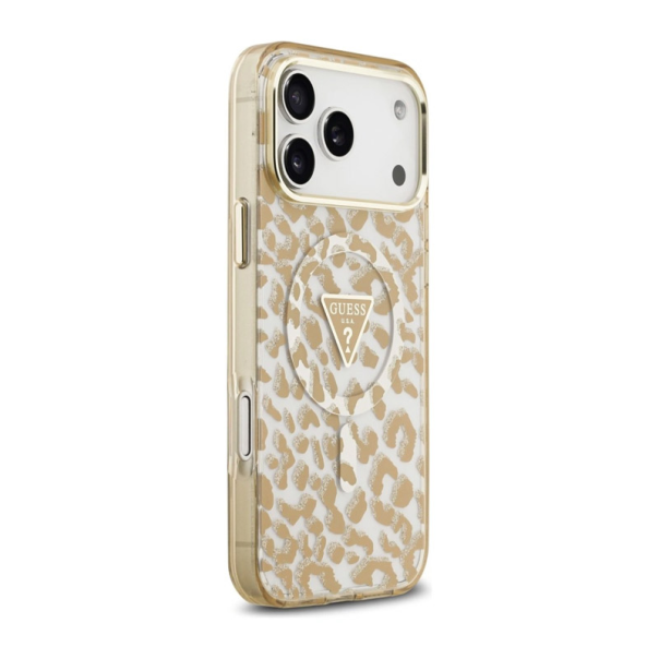 Maska za iPhone 17 Pro/ 18 Pro braon Guess IML Leopard Glitter Triangle MagSafe - EP3236148