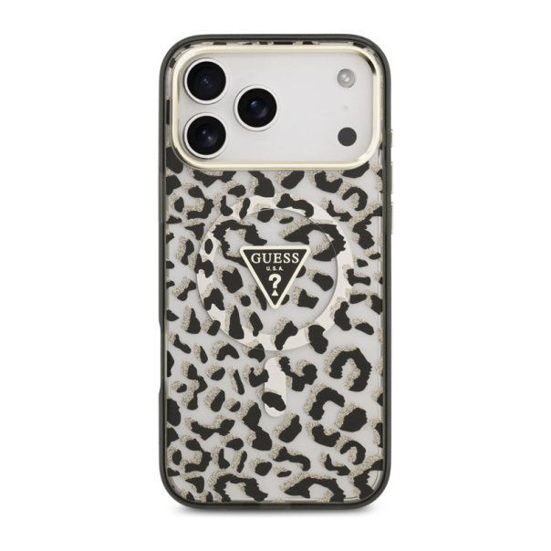 Maska za iPhone 17 Pro Max/ 18 Pro Max Guess IML Leopard Glitter Triangle MagSafe crna - EP3236196