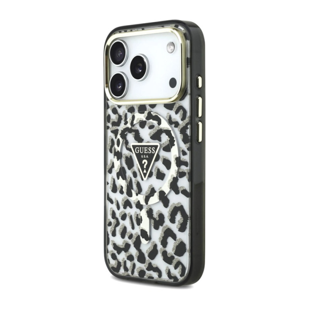 Maska za iPhone 17 Pro/ 18 Pro Guess IML Leopard Glitter Triangle MagSafe crna - EP3236199