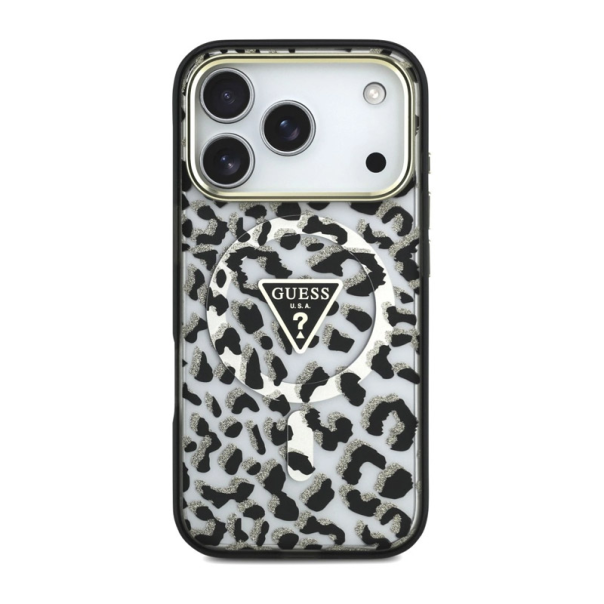 Maska za iPhone 17 Pro/ 18 Pro Guess IML Leopard Glitter Triangle MagSafe crna - EP3236199