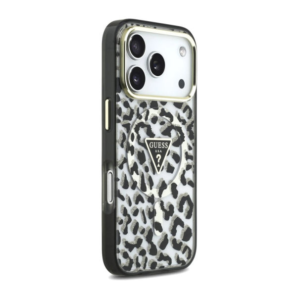 Maska za iPhone 17 Pro/ 18 Pro Guess IML Leopard Glitter Triangle MagSafe crna - EP3236199