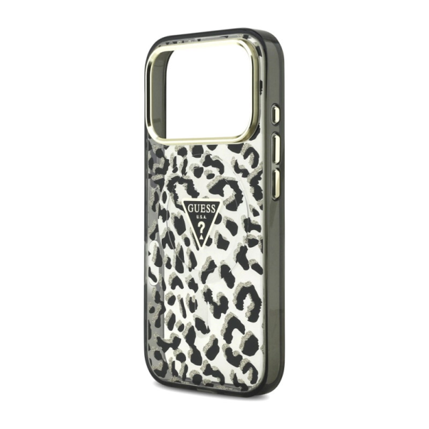 Maska za iPhone 17 Pro/ 18 Pro Guess IML Leopard Glitter Triangle MagSafe crna - EP3236199