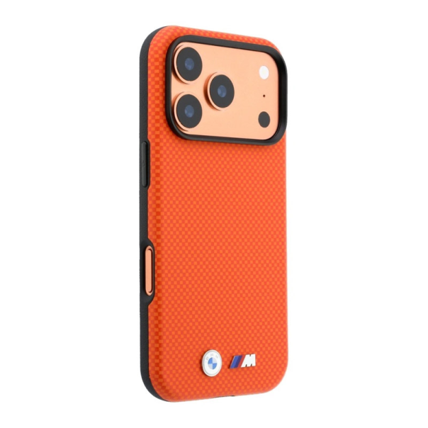 Maska za iPhone 17 Pro Max/ 18 Pro Max narandžasta BMW M Quadrille Kevlar Metal Logo Magsafe - EP3233977