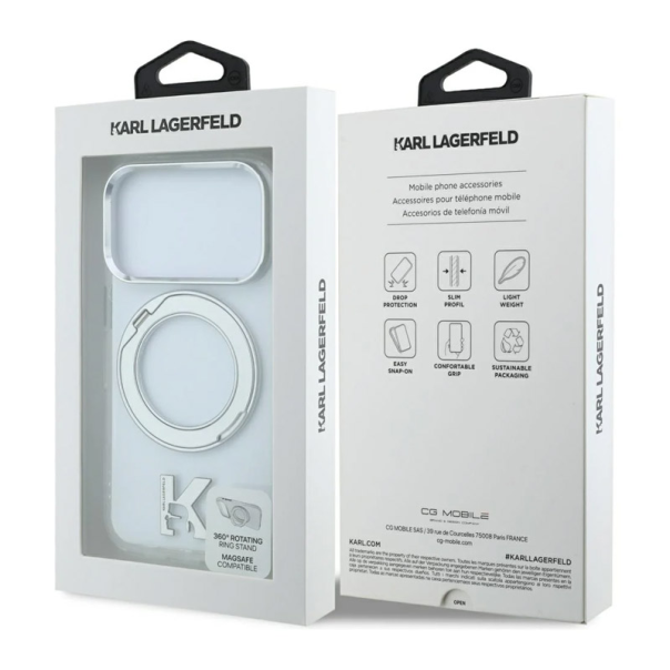 Maska za iPhone 17 Pro/ 18 Pro Karl Lagerfeld IML Ring Stand 360 Kameo Metal Magsafe transparent - EP3236220