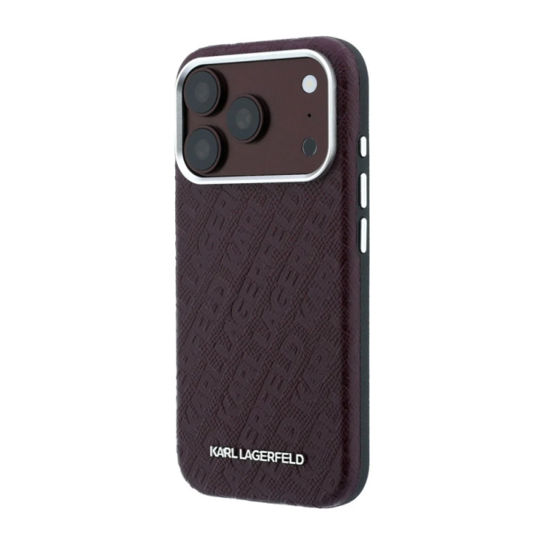 Maska Karl Lagerfeld Grained Allover Logo Metal Elongated Magsafe iPhone 17 Pro/ 18 Pro bordo - EP3235746