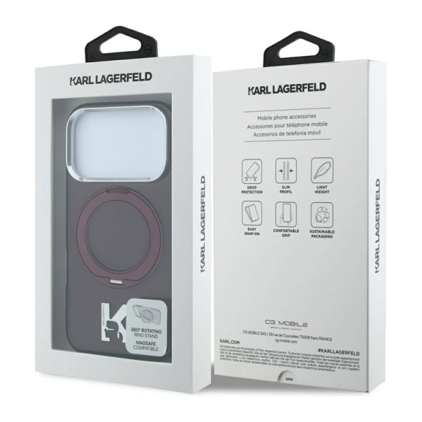 Maska za iPhone 17 Pro/ 18 Pro burgundy Karl Lagerfeld IML Ring Stand 360 Kameo Metal Magsafe - EP3236154