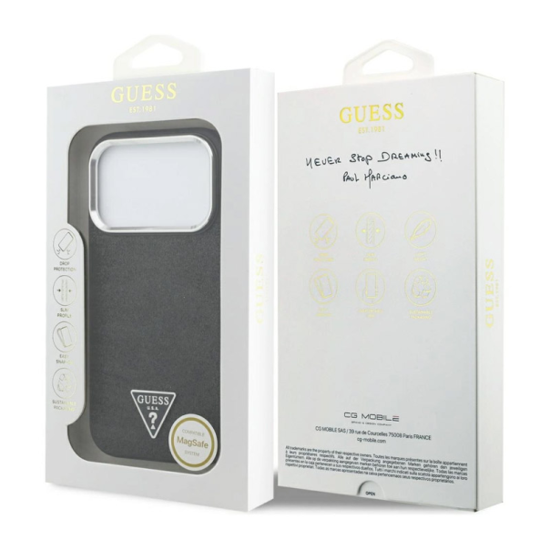 Maska za iPhone 17 Pro Case Guess Glitter Triangle Logo MagSafe crna - DRO622628