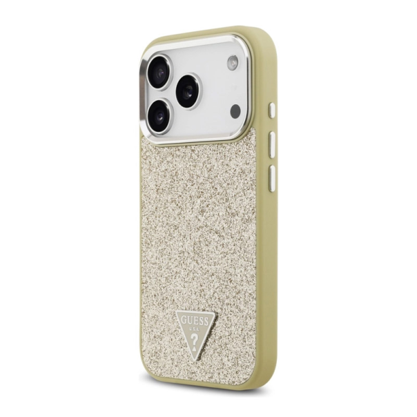 Maska za iPhone 17 Pro Guess Glitter Triangle Logo MagSafe zlatna - DRO622630