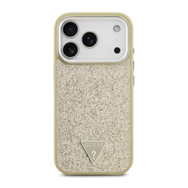 Maska za iPhone 17 Pro Guess Glitter Triangle Logo MagSafe zlatna - DRO622630