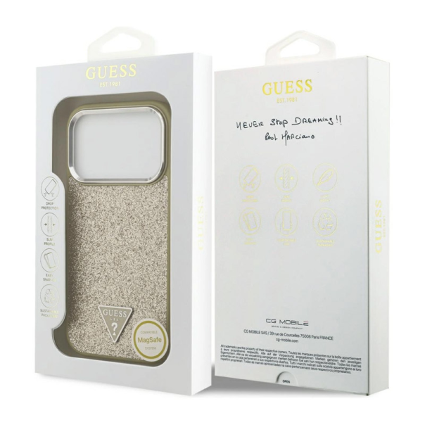 Maska za iPhone 17 Pro Guess Glitter Triangle Logo MagSafe zlatna - DRO622630