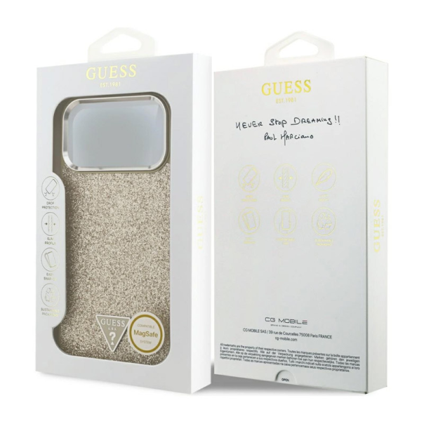 Maska za iPhone 17 Pro Max Guess Glitter Triangle Logo MagSafe zlatna - DRO622631
