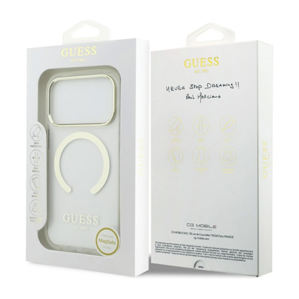 Maska za iPhone 17 Pro Guess Metal Outline MagSafe zlatna - DRO622636