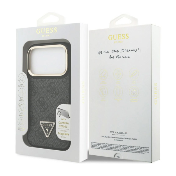 Maska za iPhone 17 Pro Guess 4G PU Triangle Logo & Stand Camera Magsafe crna - EP2743750