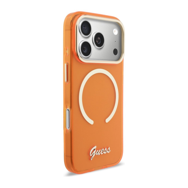 Maska za iPhone 17 Pro narandžasta Guess IML Script Metal MagSafe - EP2849707