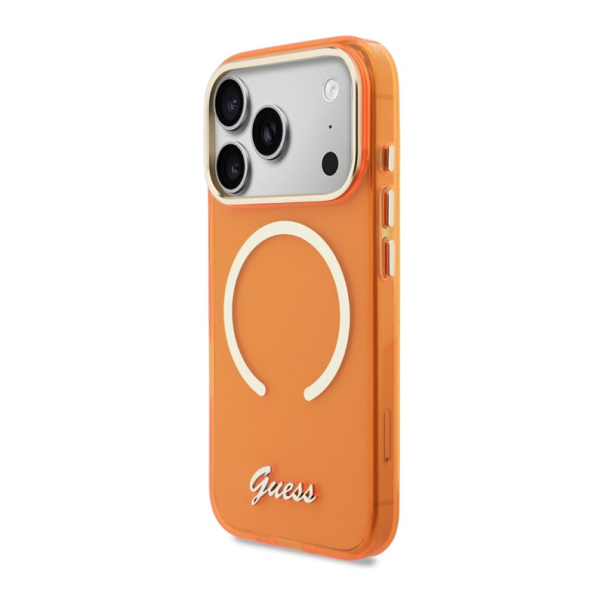 Maska za iPhone 17 Pro Max narandžasta Guess IML Script Metal MagSafe - EP2850389