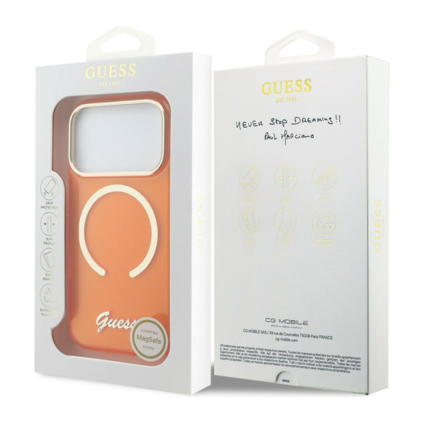 Maska za iPhone 17 Pro Max narandžasta Guess IML Script Metal MagSafe - EP2850389