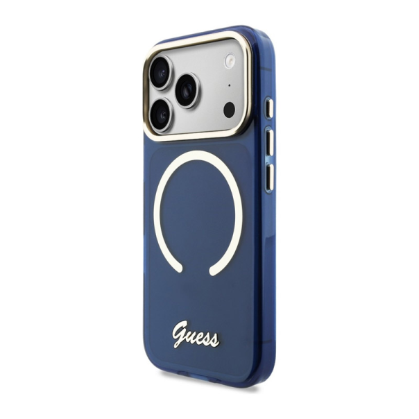 Maska za iPhone 17 Pro Guess IML Script Metal MagSafe plava - EP2850395