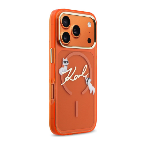 Maska za iPhone 17 Pro narandžasta Karl Lagerfeld IML Choupettes Karl Script Logo MagSafe - EP2848127