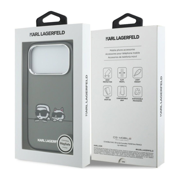 Maska za iPhone 17 Pro Karl Lagerfeld IML Karl & Choupette Peekaboo Logo MagSafe siva - EP2849770