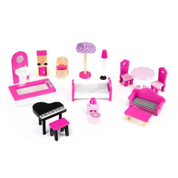 ECO TOYS Drvena kućica za lutke sa nameštajem i LED svetlom - HM006391