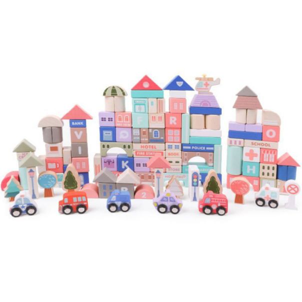 ECO TOYS Drvene edukativne kocke sa podlogom City, 115 delova - HM015220