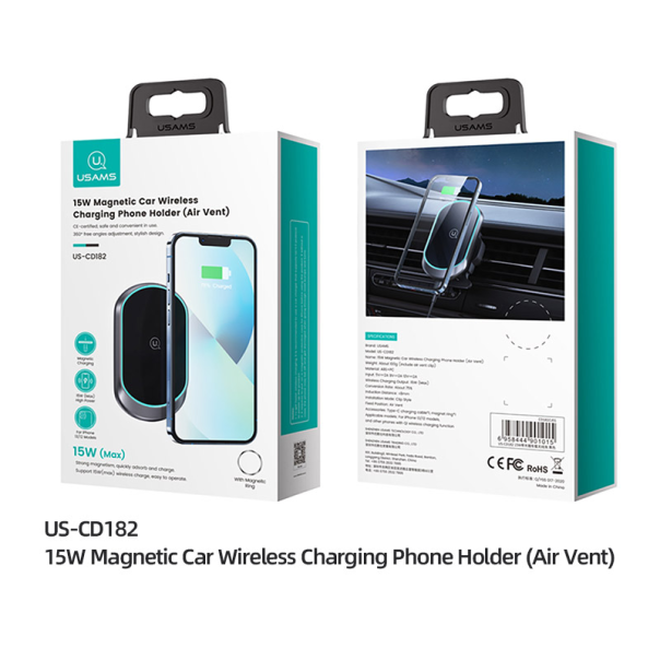 Auto držač za telefon sa bezicnim punjenjem 15W MAGSAFE Usams US-CD182 crni - CD182ZJ01