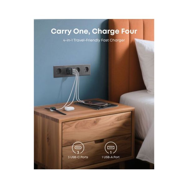 Zolo 70W 4-porta(3x USB-C i 1x USB-A) zidni punjač crni - EP3260709