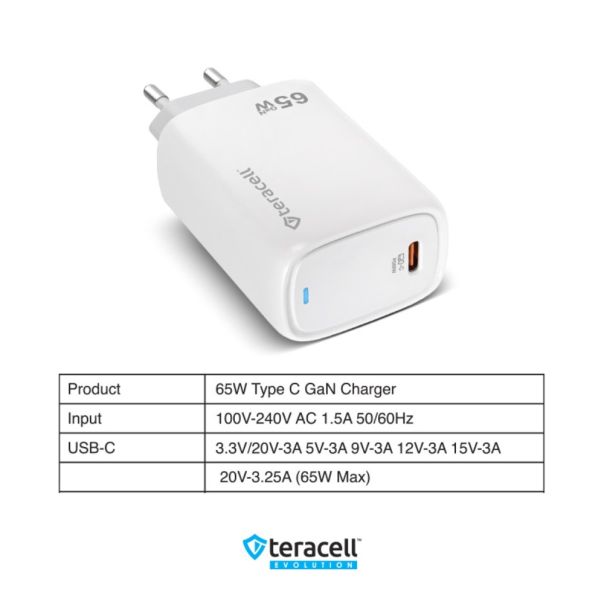 Kucni punjac Teracell Evolution TC-20, GAN, PD Fast charging 65W beli CE - 223693