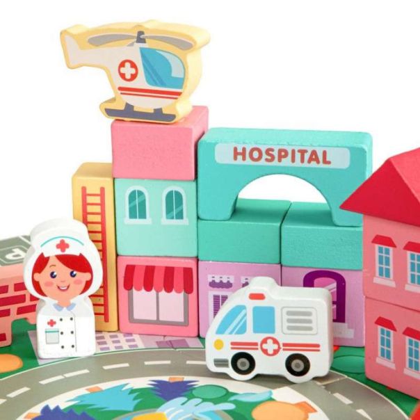 ECO TOYS Edukativne drvene kocke sa podlogom Grad, 121 deo - MA427