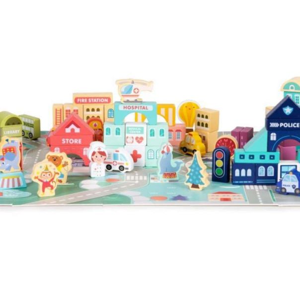 ECO TOYS Edukativne drvene kocke sa podlogom Grad, 121 deo - MA802