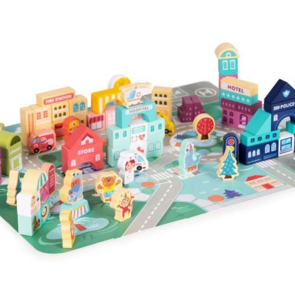 ECO TOYS Edukativne drvene kocke sa podlogom Grad, 121 deo - MA802