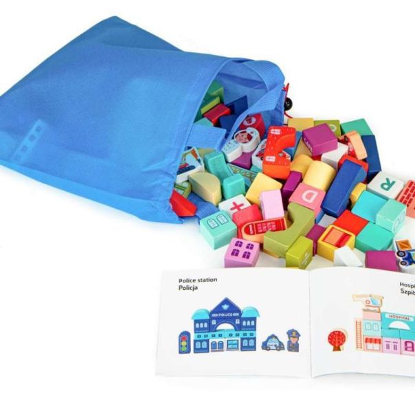 ECO TOYS Edukativne drvene kocke sa podlogom Grad, 121 deo - MA802